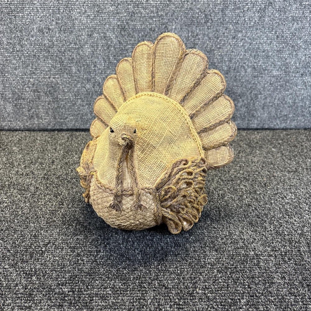 Rustic~Turkey Figurine 9"~Resin/Burlap/Rope~Thanksgiving Table Decor Accent